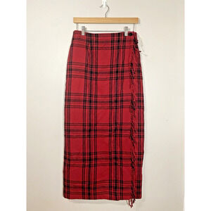 Vintage Cambridge Country Wrap Maxi‎ Skirt Womens Size 8 Red Plaid Wool Fringe